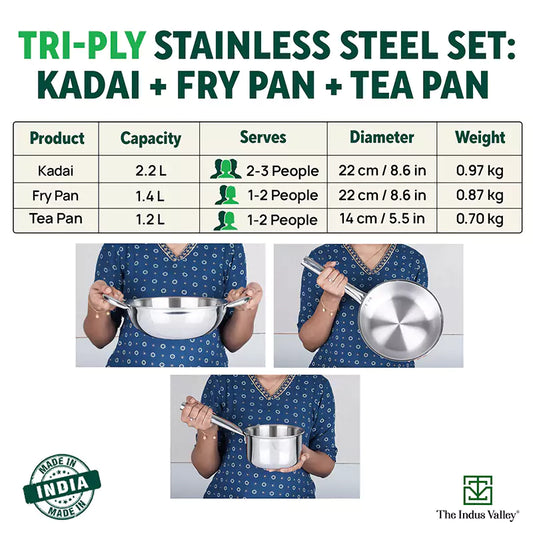 The Indus Valley TurboCuk Tri-ply Stainless Steel Cookware Set: 2.2L Kadai+ 1.4L Frypan+ 1.2L Tea/Milk pan, Premium Quality, 3 Layer Thick Body, 100% Toxin-free, Non-stick, Induction & Gas