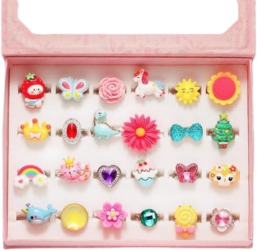 Cute 24 Pcs Little Girls Hand Ring, Adjustable Rings Toddlers Pretend Play and Dress Up Rings For 4 To 12 Year Old Girl Dimond Ring