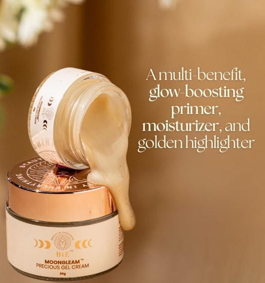 BiE Moongleam - Precious Gel Cream + Primer With Gold- Silver & Diamond Dust | For Instant Glow, Shimmer & Hydration | Radiant Finish | All Skin Types | Men & Women | 20gm