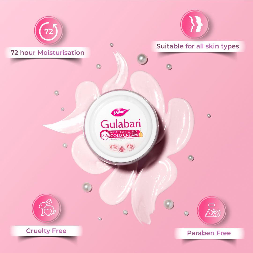 DABUR Gulabari Moisturizing Cold Cream 100Gm + Gualabari Lip Balm 8Gm|With Goodness Of Natural Rose Oil & Vitamin E|Intense Hydration And Deep Moisturization|For Smooth & Soft Skin|All Skin Types