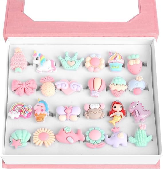 Cute 24 Pcs Little Girls Hand Ring, Adjustable Rings Toddlers Pretend Play and Dress Up Rings For 4 To 12 Year Old Girl Flower Ring
