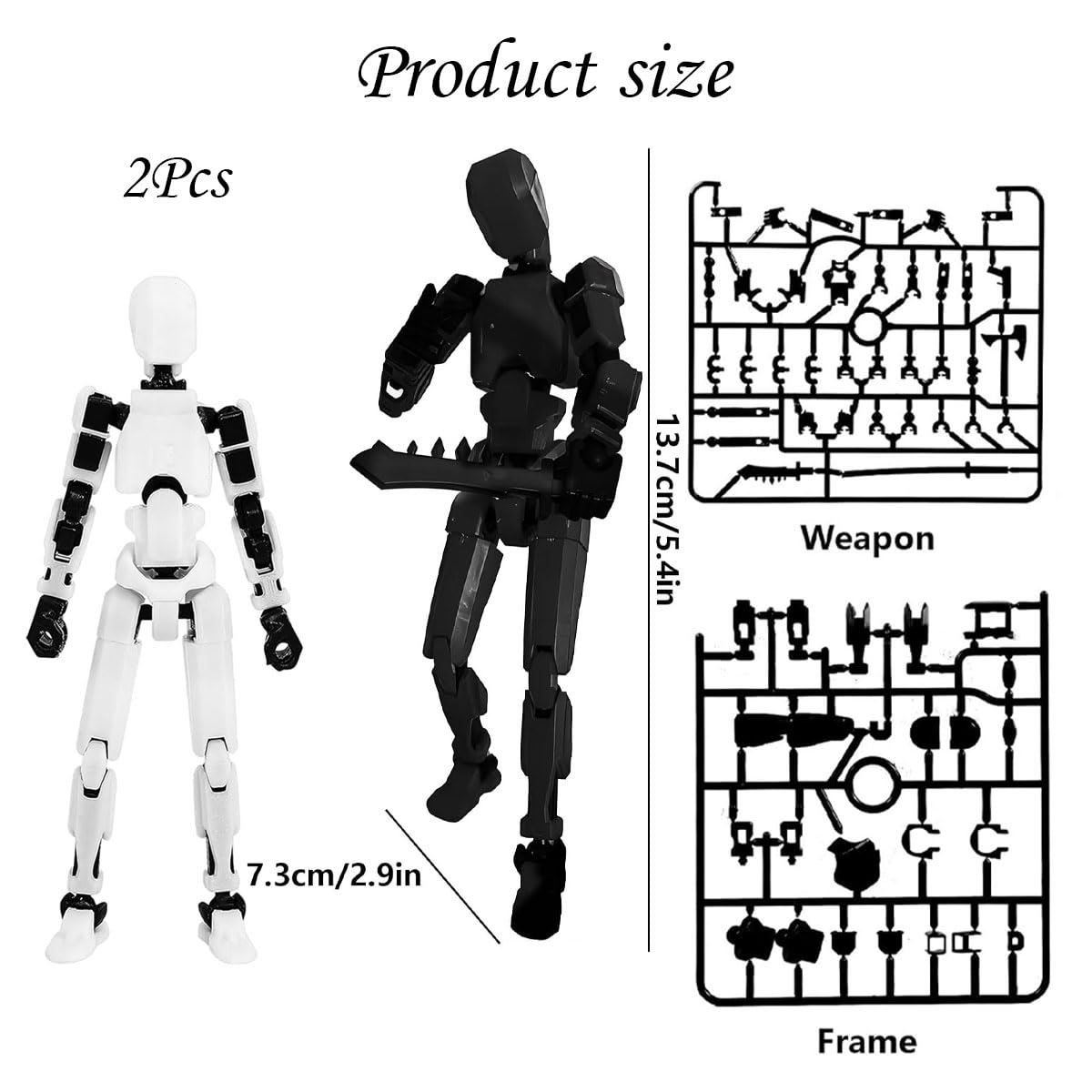 2Pcs Action Figure, Dummy Robot Toy for DIY Assembly, Desk Decor, Photography Props, Art Model, Collectible Display, Black and White Set