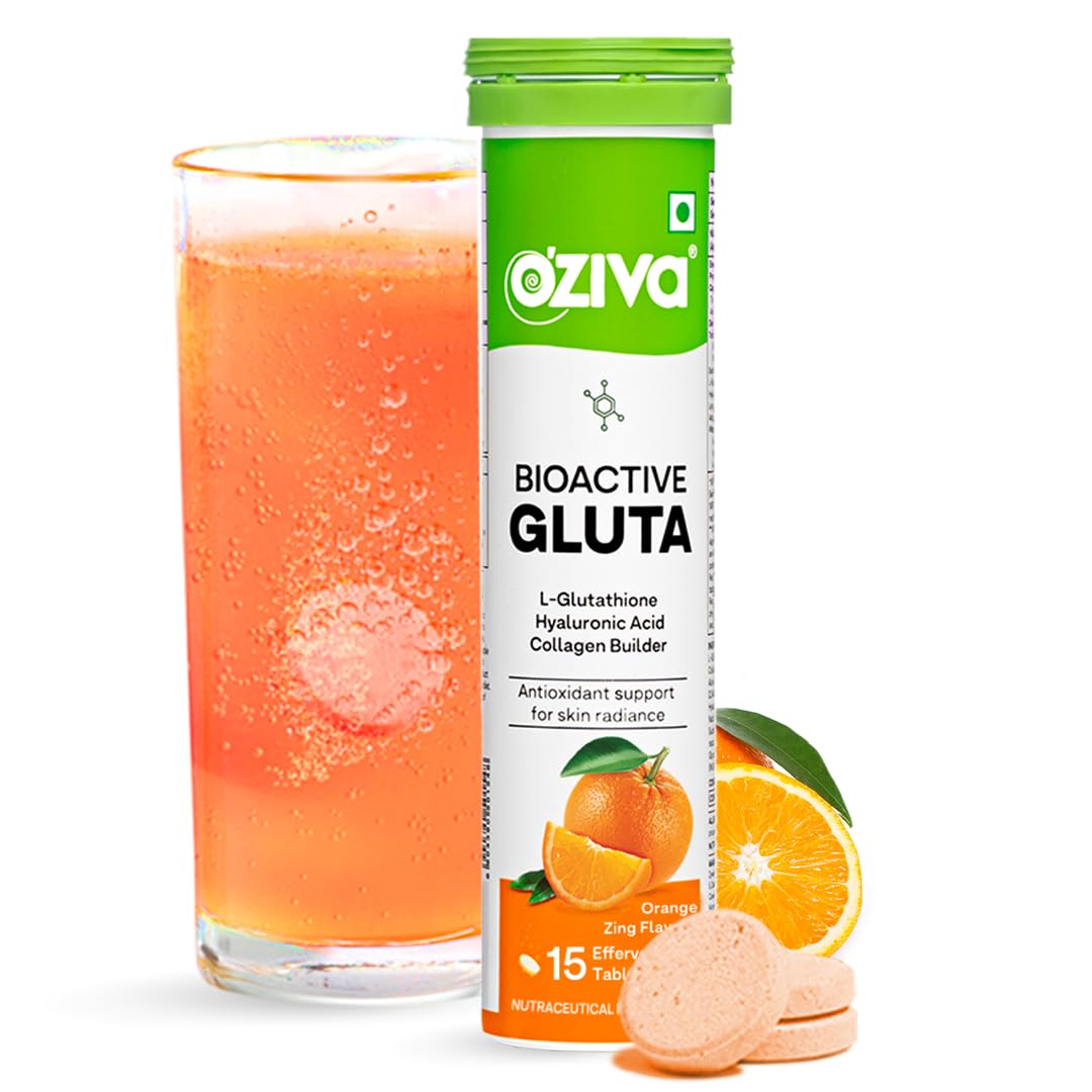 OZiva Bioactive Glutathione Tablets for Radiant Skin - 30 Effervescent Tablets | L-Glutathione, Lycopene, Vitamin C for Skin Glow & Anti-Pigmentation | Orange