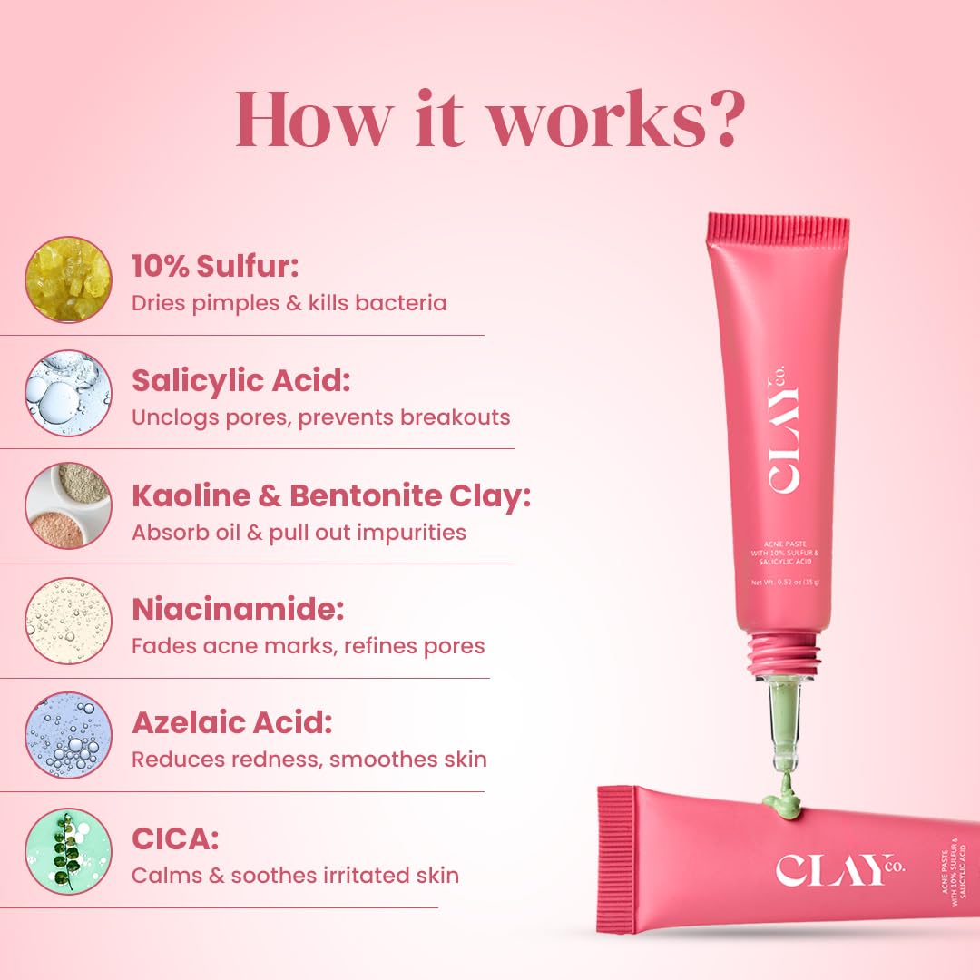 ClayCo Acne Spot Treatment Paste with 10% Sulfur & Salicylic Acid | Helps Dry Active Pimples, Unclog Pores & Control Excess Oil