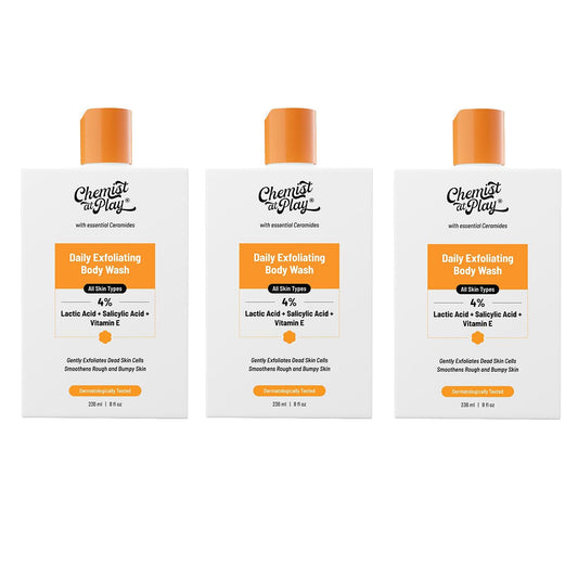 Chemist At Play Exfoliating Body Wash 236ml | Removes Tan, Fights Body Acne, Strawberry Skin | 4% (Salicylic Acid, Vitamin E & Lactic Acid) | Gentle Exfoliating Shower Gel For Women & Men