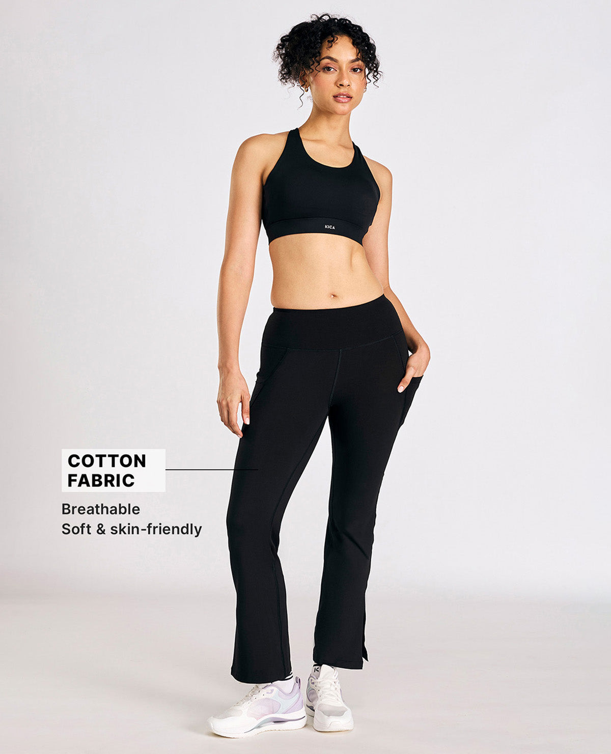 Women High Waist Cotton Side Slit Flared Pants Black
