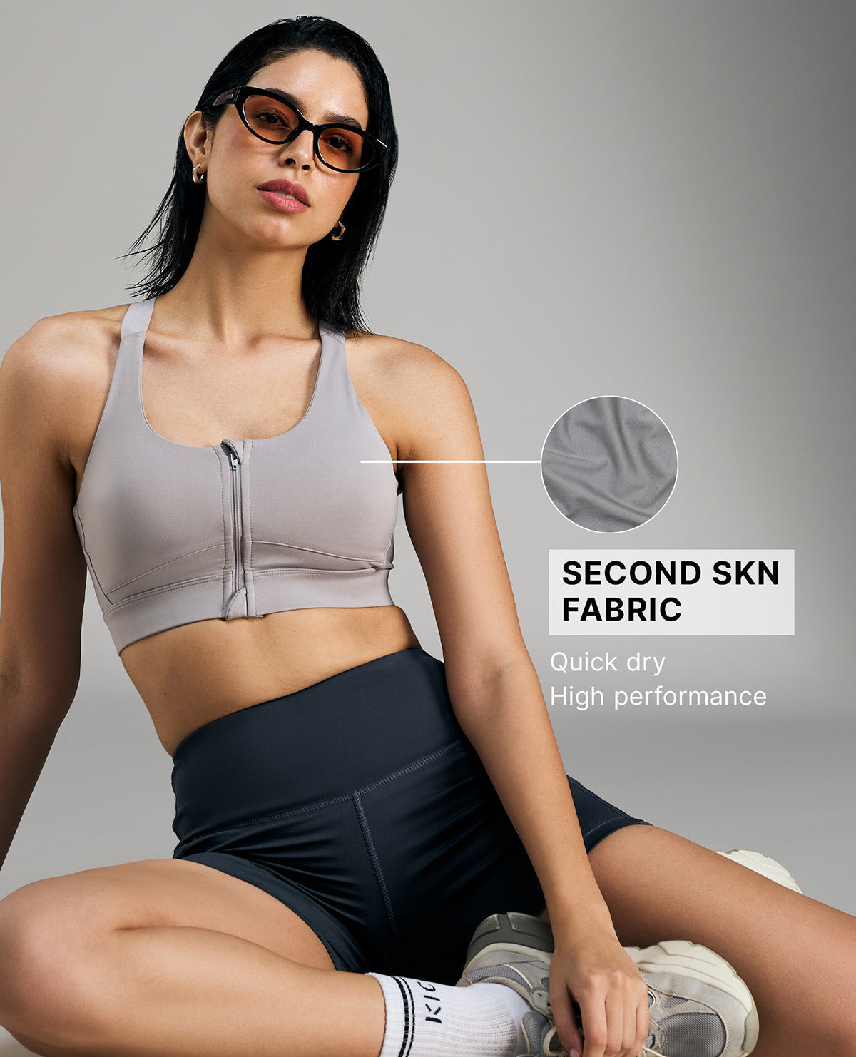 Kica Front Zip Sports Bra with Removable Pads Grey