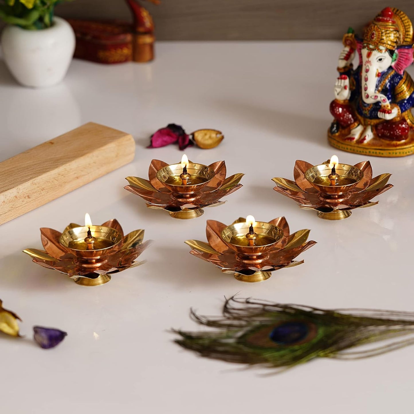 eCraftIndia Golden Lotus Flower Shape Decorative Brass Diya for Diwali Pooja | Diwali Diya for Puja | Housewarming, Diwali Gift Item | Diwali Decoration Items for Home Decor