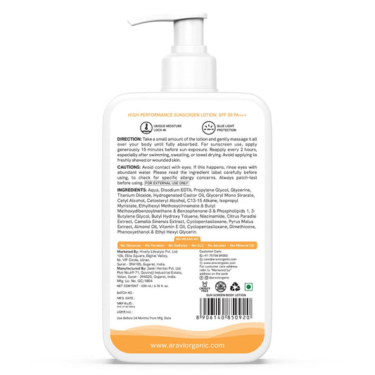 Aravi SPF 50 Oil-Free Sunscreen Lotion 200ml - Lightweight, No White Cast