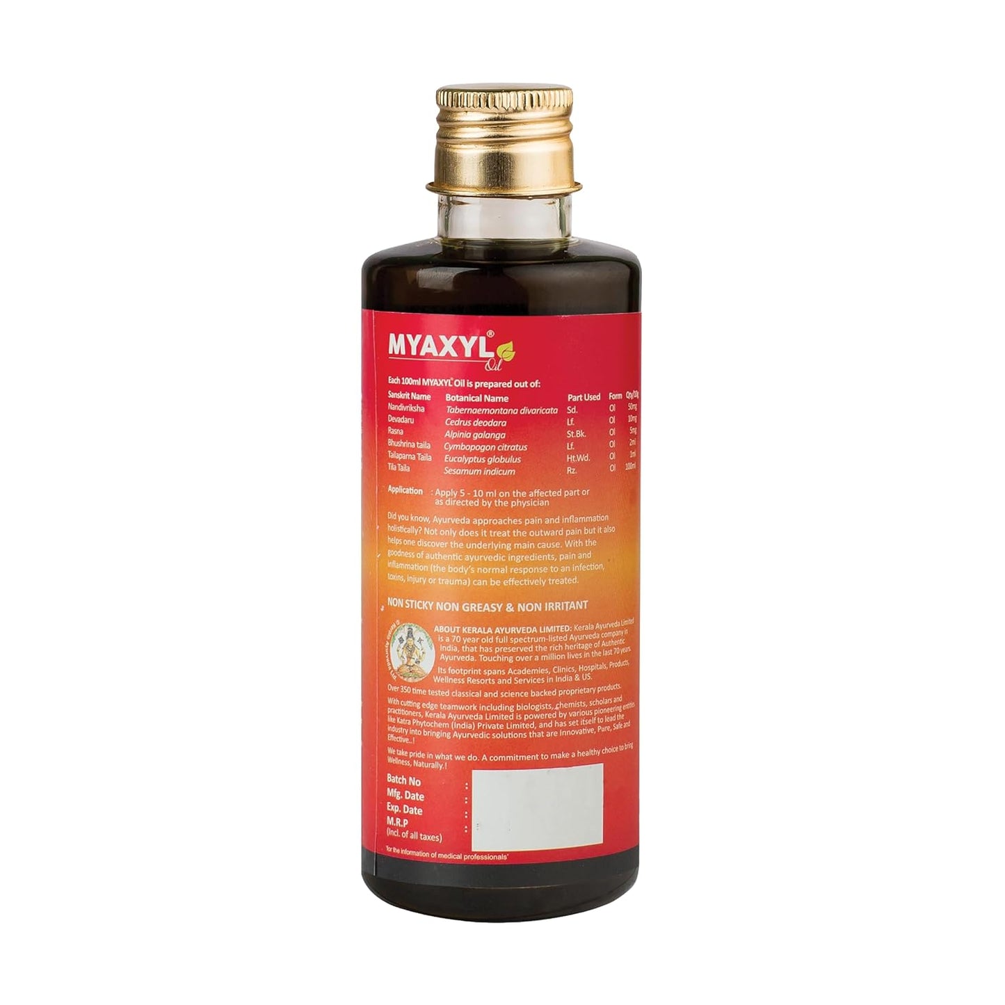 Kerala Ayurveda Myaxyl Oil | Ayurvedic Pain Relief Oil for Back Pain, Knee Pain, Joint & Muscle Pain | Fast-Absorbing, Non-Greasy Formula | 200ml