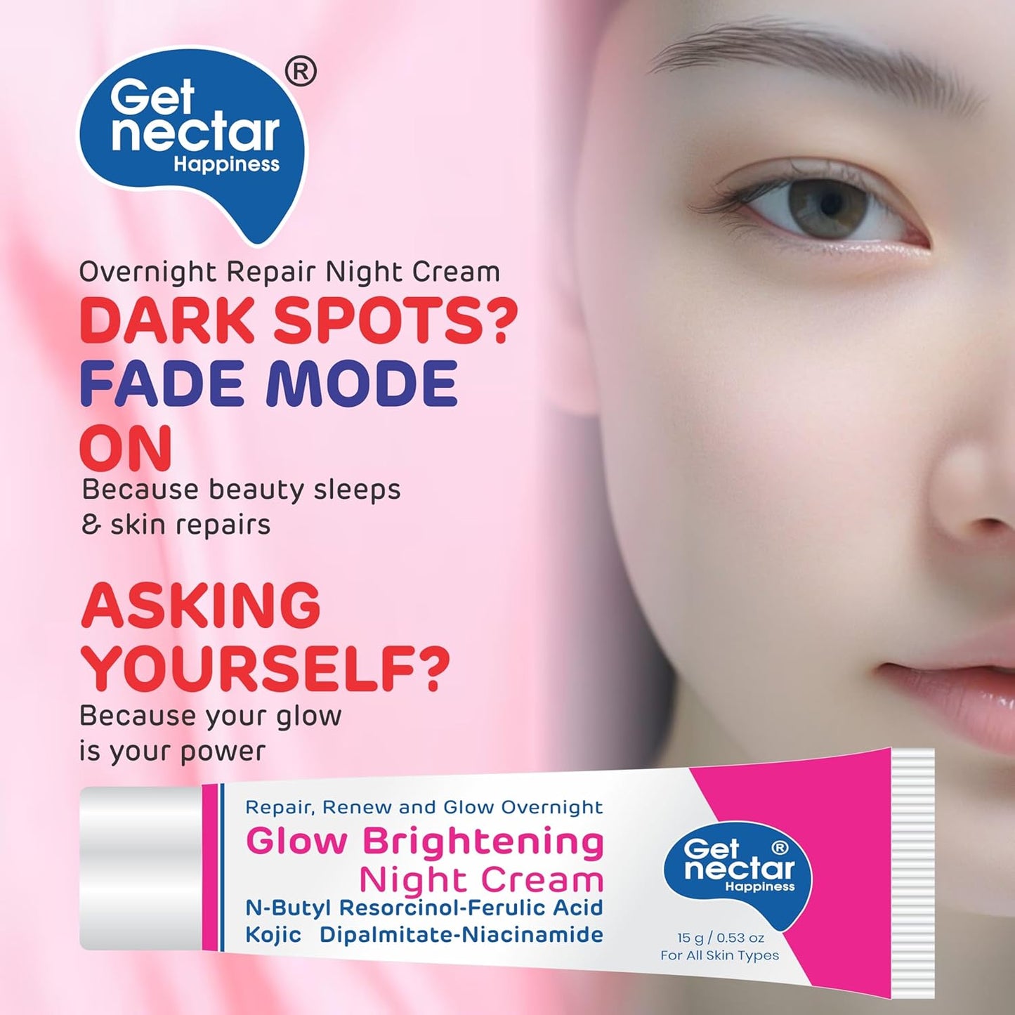 Get Nectar Happiness Glow Brightening Day & Night Cream Duo with Glutathione, Alpha Arbutin, Niacinamide, Kojic Acid & Ferulic Acid for Dark Spots, Pigmentation, Tan Removal & Glowing Skin for Men & Women Lightweight & Non-Greasy