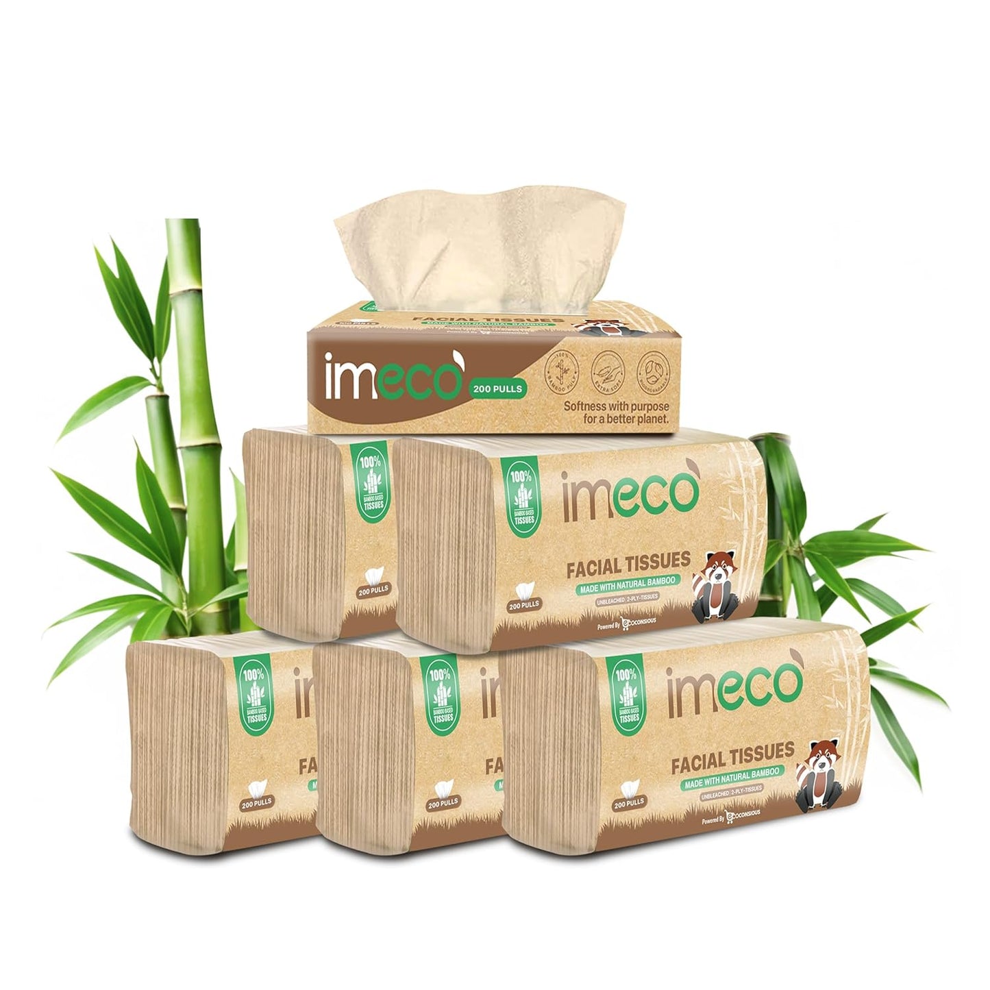 IMECO Bamboo Facial Tissues 600 Pulls 2-Ply Soft Eco-Friendly Pack of 6