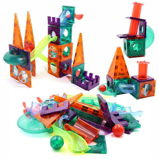 Chanak 48 PCS Magnetic Tiles Building Set for Kids, STEM Educational Learning Toy with Marble Run, Slides, Balls & Windows, 3D Magnetic Blocks for Boys & Girls Ages 3+