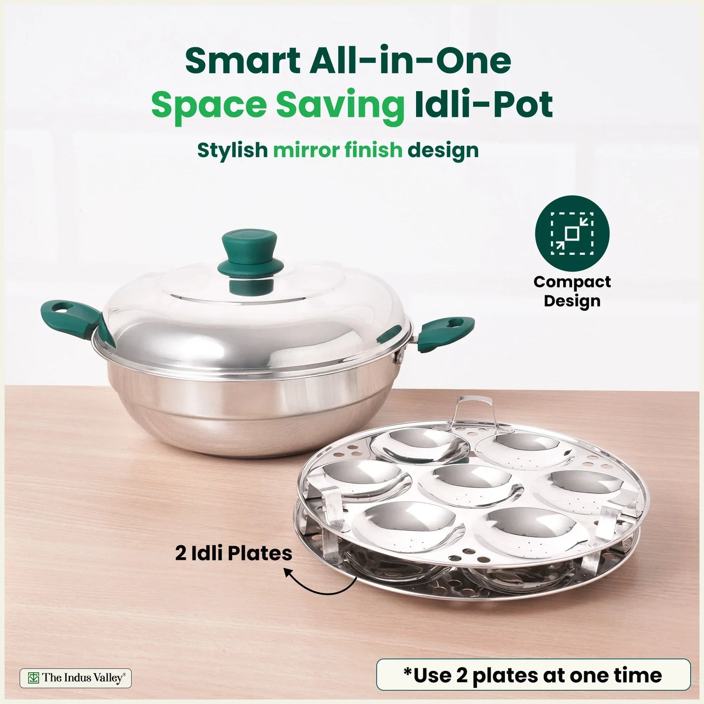 The Indus Valley 14 Pit Tri-Steel Multi Pot Premium Stainless Steel Idli/ Momo Maker/ Veg Steaming Set, Tri-ply Induction Bottom, 2 Plates, 27cm