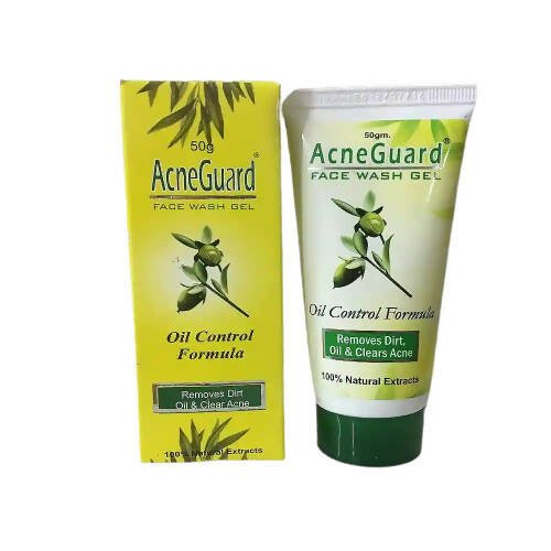 AcneGuard face wash gel packaging with yellow box and green tube on a white background