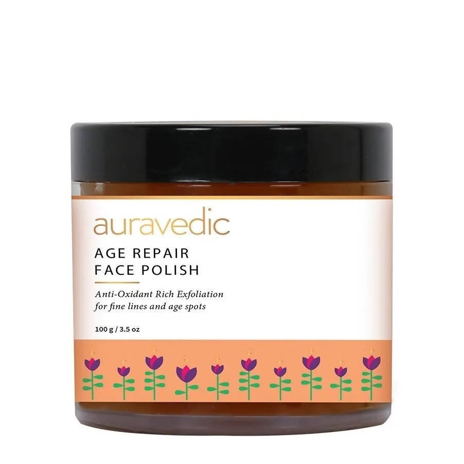 Jar of Auravedic Age Repair Face Polish on a white background
