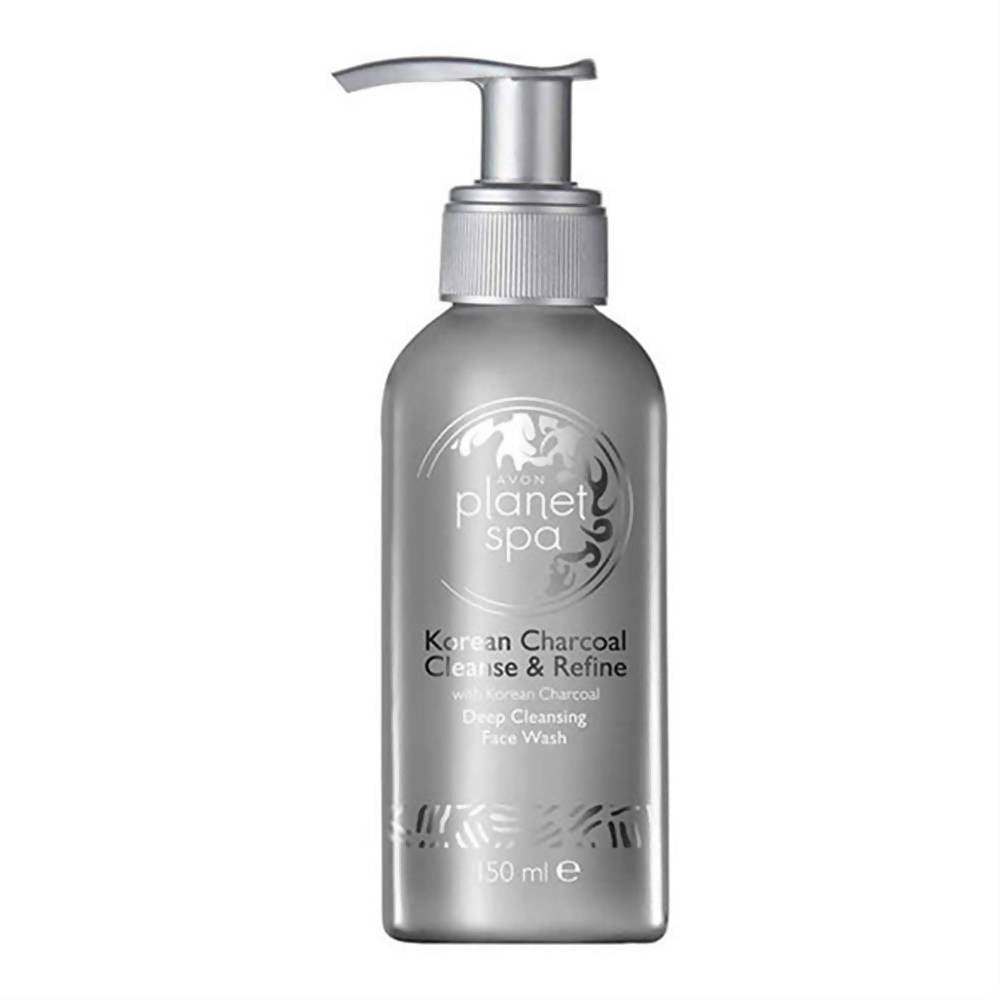 A pump bottle of Avon Planet Spa Korean Charcoal Cleanser & Refine with a white label featuring charcoal graphics.
