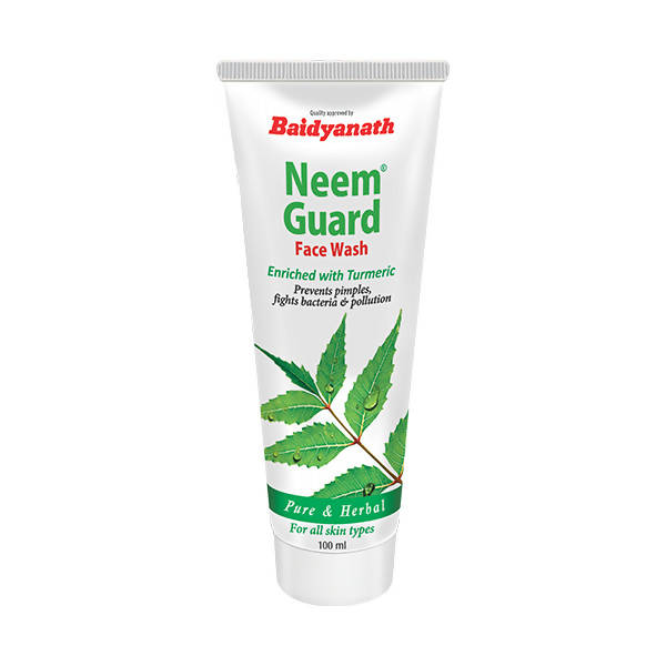 A tube of Baidyanath Neem Guard Facewash with Neem leaves illustration and text indicating it is enriched with Turmeric, Pure & Herbal for all skin types.