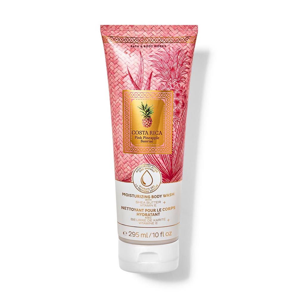 Moisturizing body wash tube with pink floral design and pineapple label on a white background
