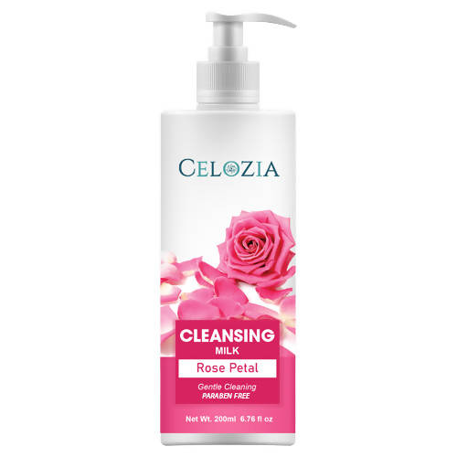 Celozia cleansing milk bottle with pink rose petal design on a white background