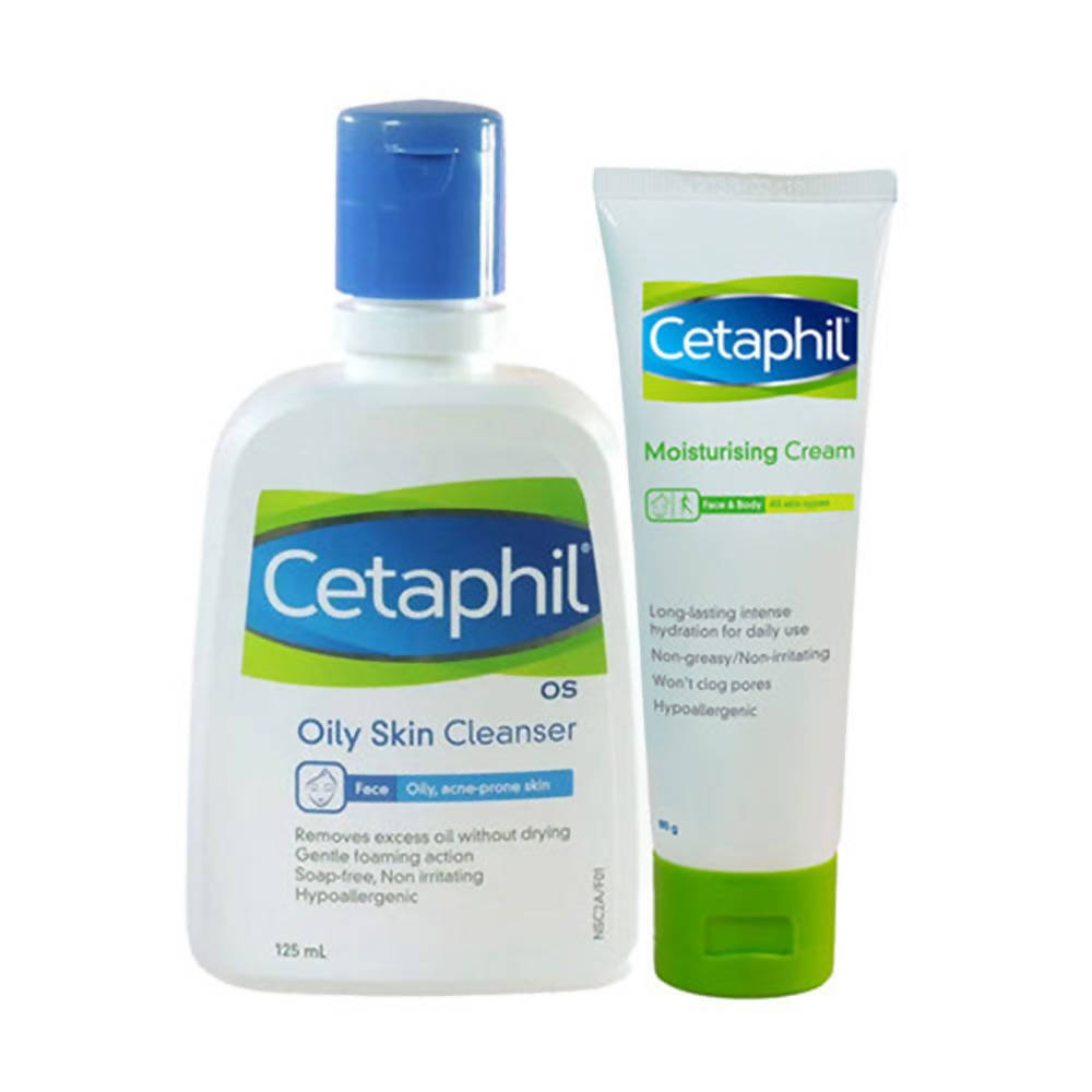Cetaphil Oily Skin Cleanser bottle and Moisturizing Cream tube on a white background