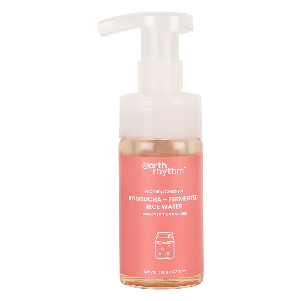 A pump bottle of Earth Rhythm Kombucha + Fermented Rice Water Foaming Cleanser with a pink label.