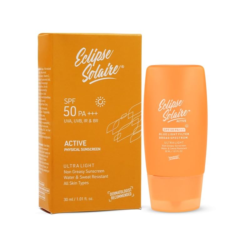 Eclipse Solaire Active Sunscreen SPF 50 PA+++ | No White Cast | Broad Spectrum UVA/UVB/IR & Blue Light Shield | Lightweight, Non-Greasy Formula for All Skin Types – 30ml