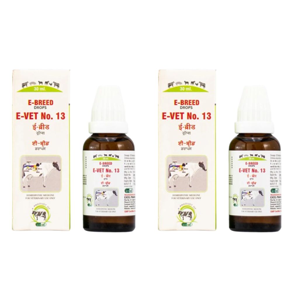 Two bottles and two boxes of E-Breed Drops E-Vet No. 13 on a white background
