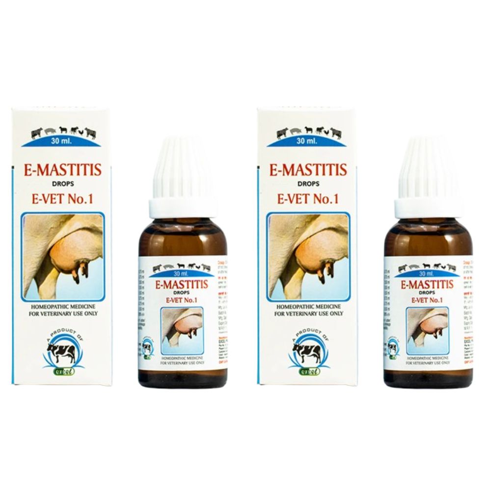 Two bottles and their boxes of E-Mastitis Drops E-VET No. 1 on a white background