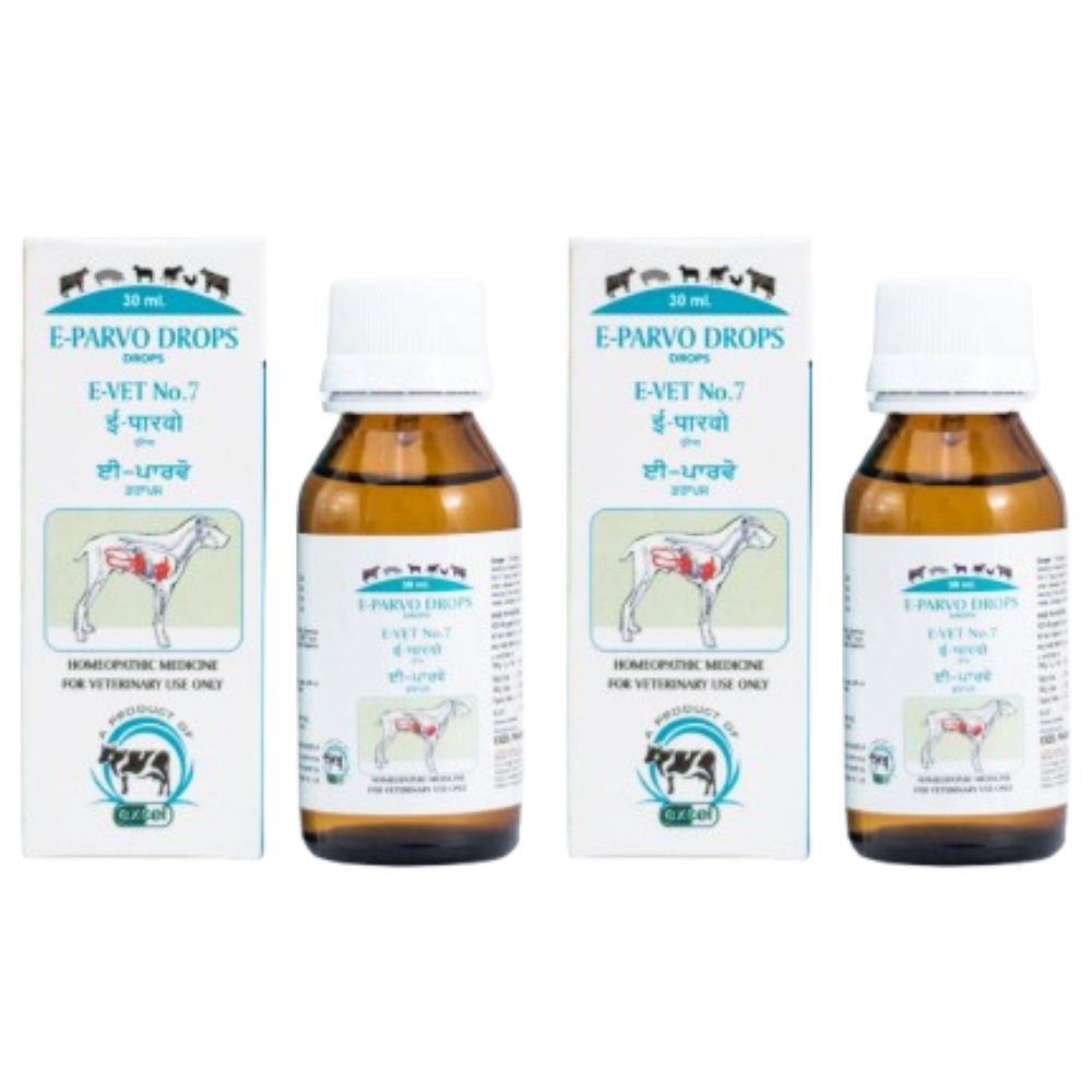 Two bottles of E-Parvo Drops with their packaging on a white background