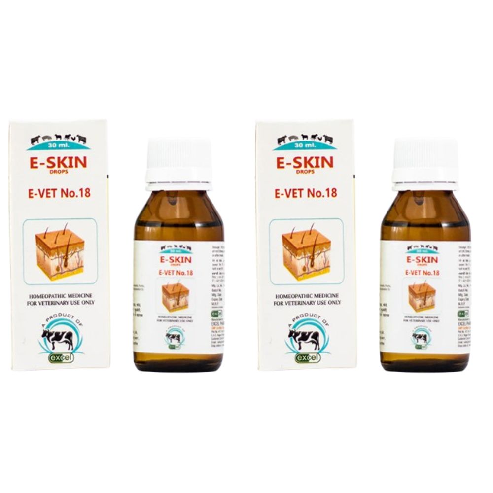 Two bottles and two boxes of E-Skin E-Vet No.18 on a white background