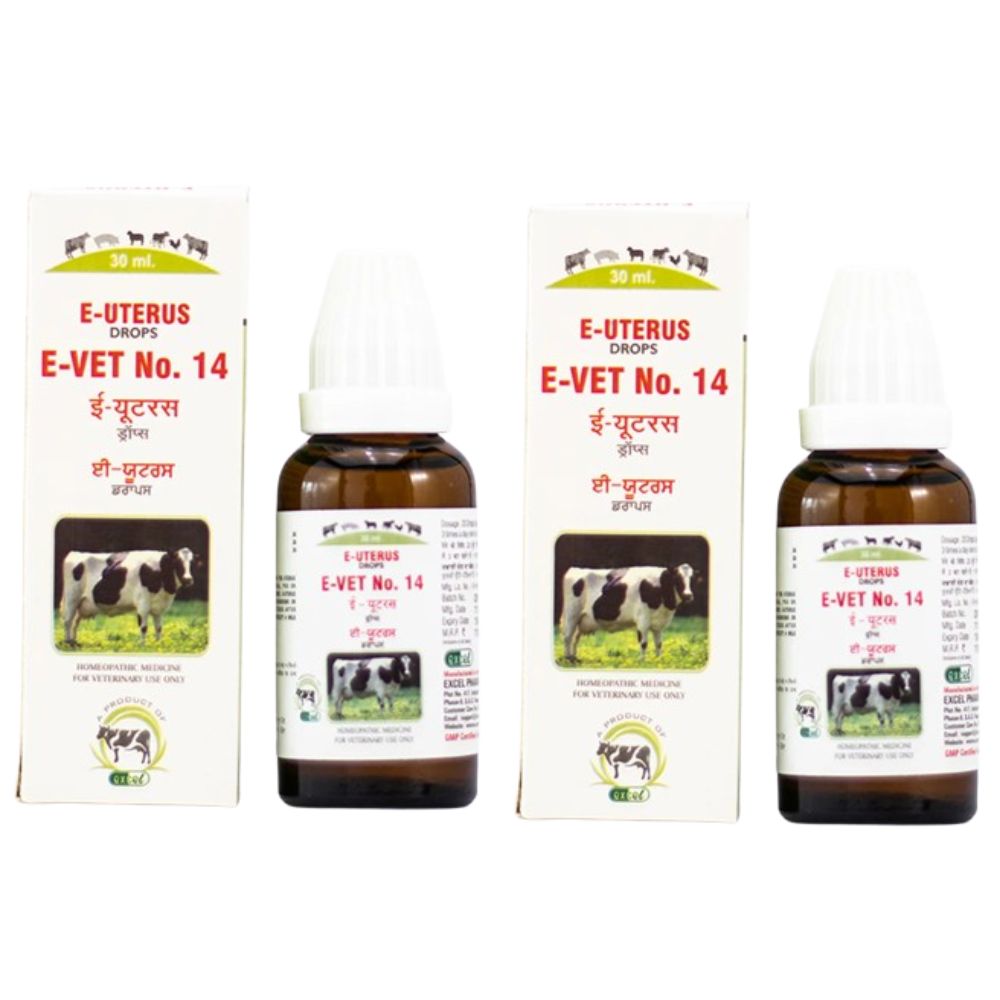 Two bottles and their boxes of E-Uterus E-Vet No. 14 on a white background
