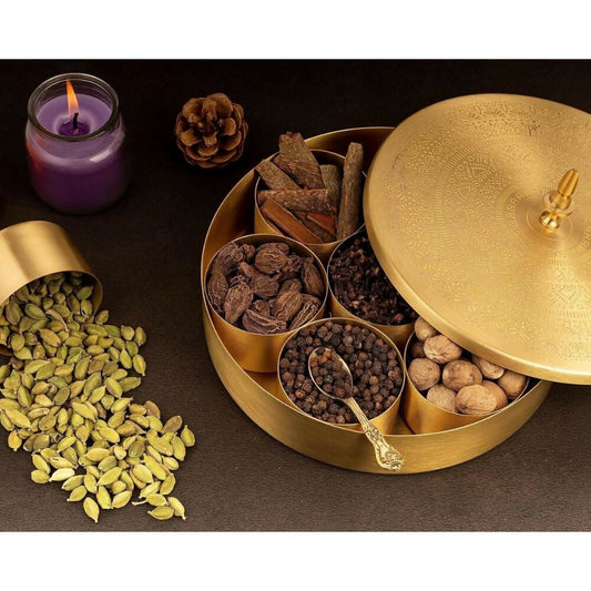 Akshata 06 Hand Etched Brass Spice Box Set for Kitchen with Spoon (7 Containers)