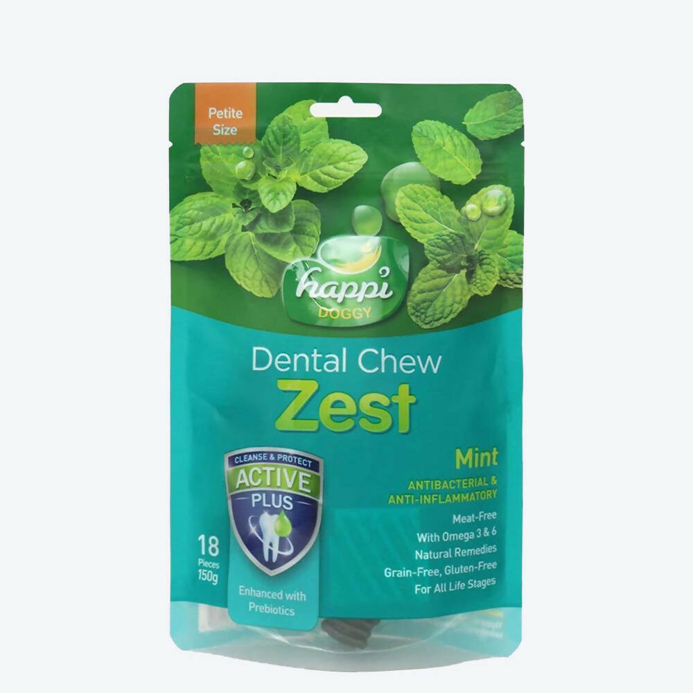Green package of happi Dental Chew Zest with mint leaves on a white background
