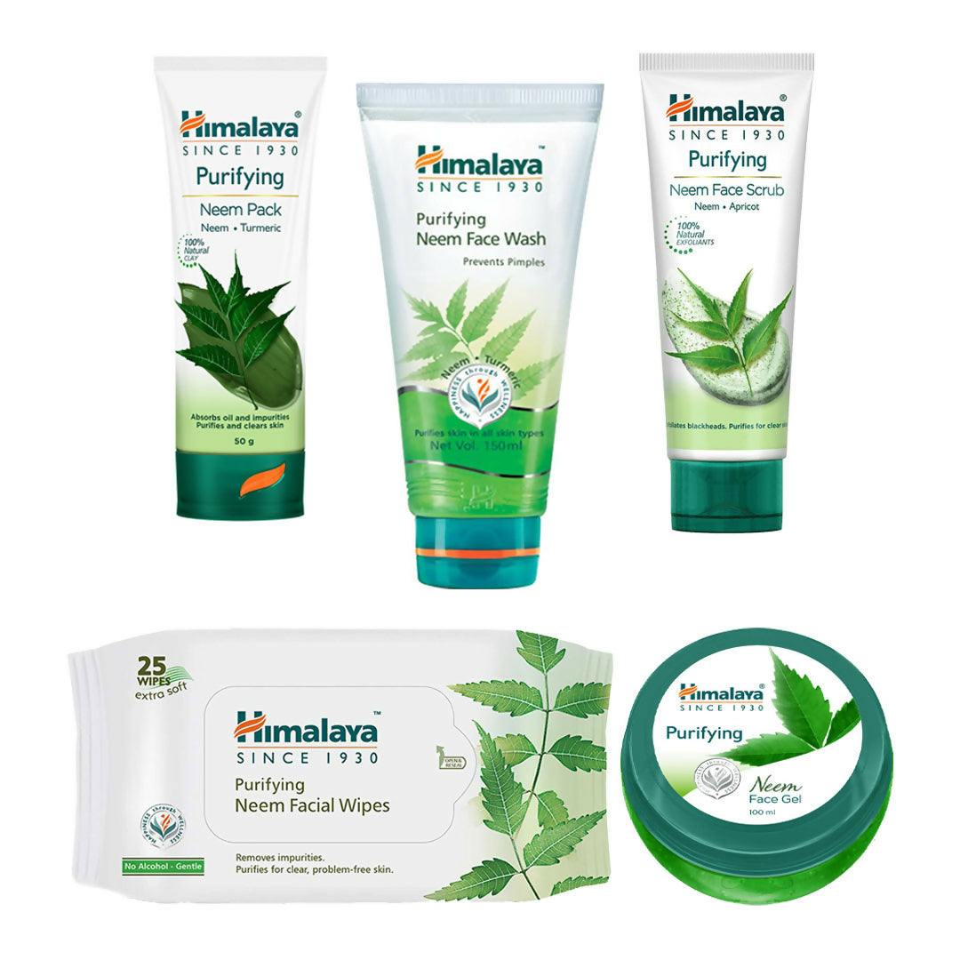 Himalaya Purifying Neem skincare products including face wash, scrub, wipes, and gel on a white background.