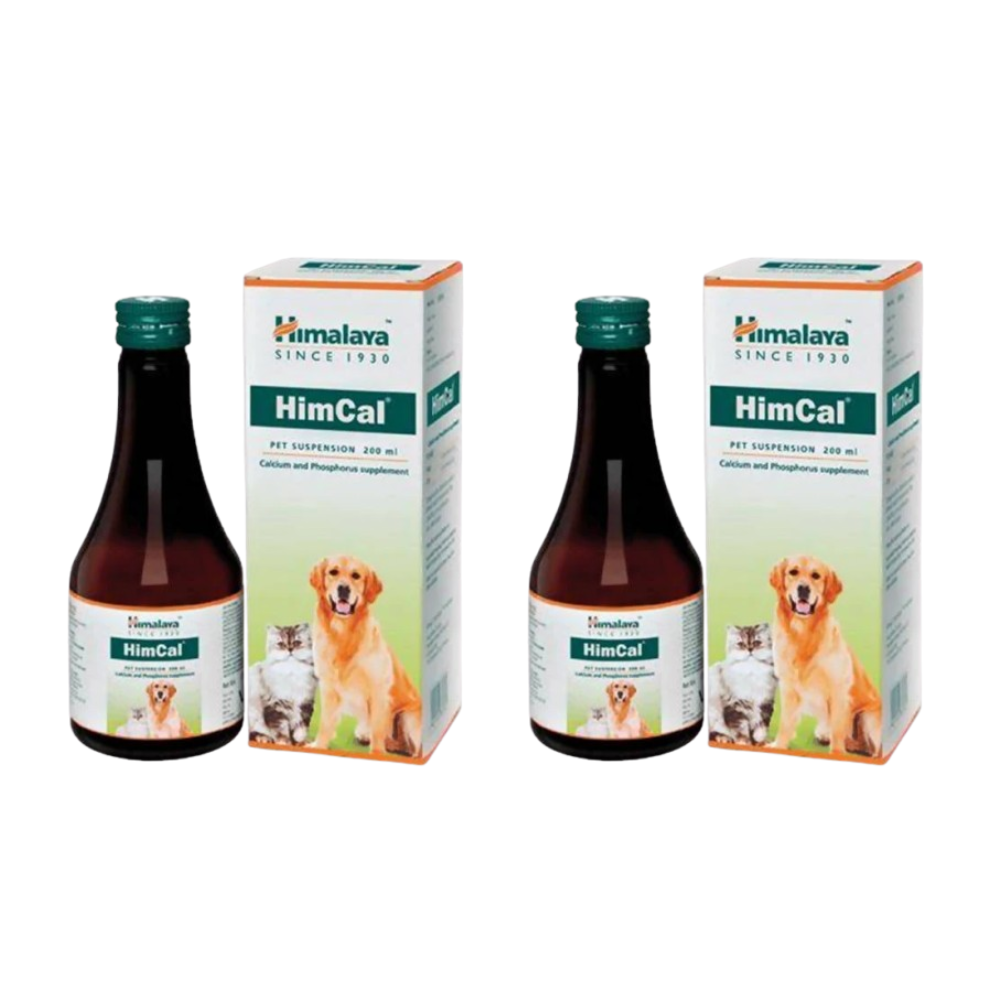 Himalaya HimCal pet supplement bottles and boxes on a white background