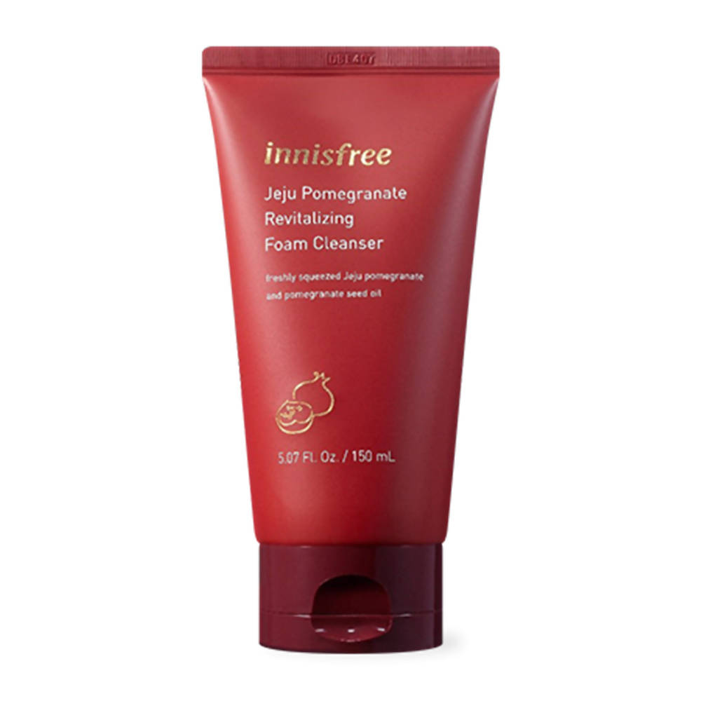 Red tube of Innisfree Jeju Pomegranate Revitalizing Foam Cleanser on a white background
