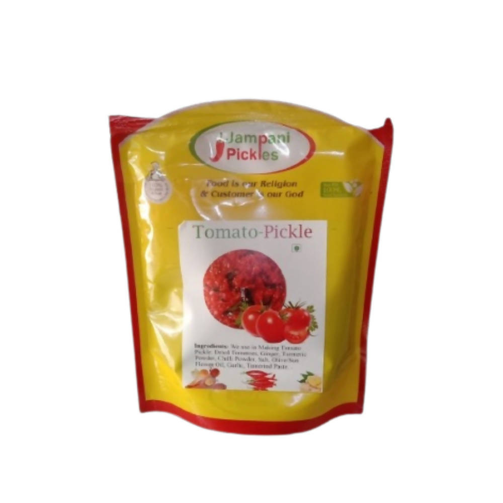 Packaged tomato pickle with a yellow and red label on a white background