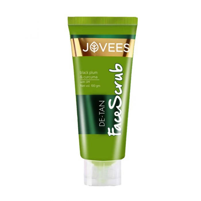 Green tube of Jovees De-Tan Face Scrub on a white background