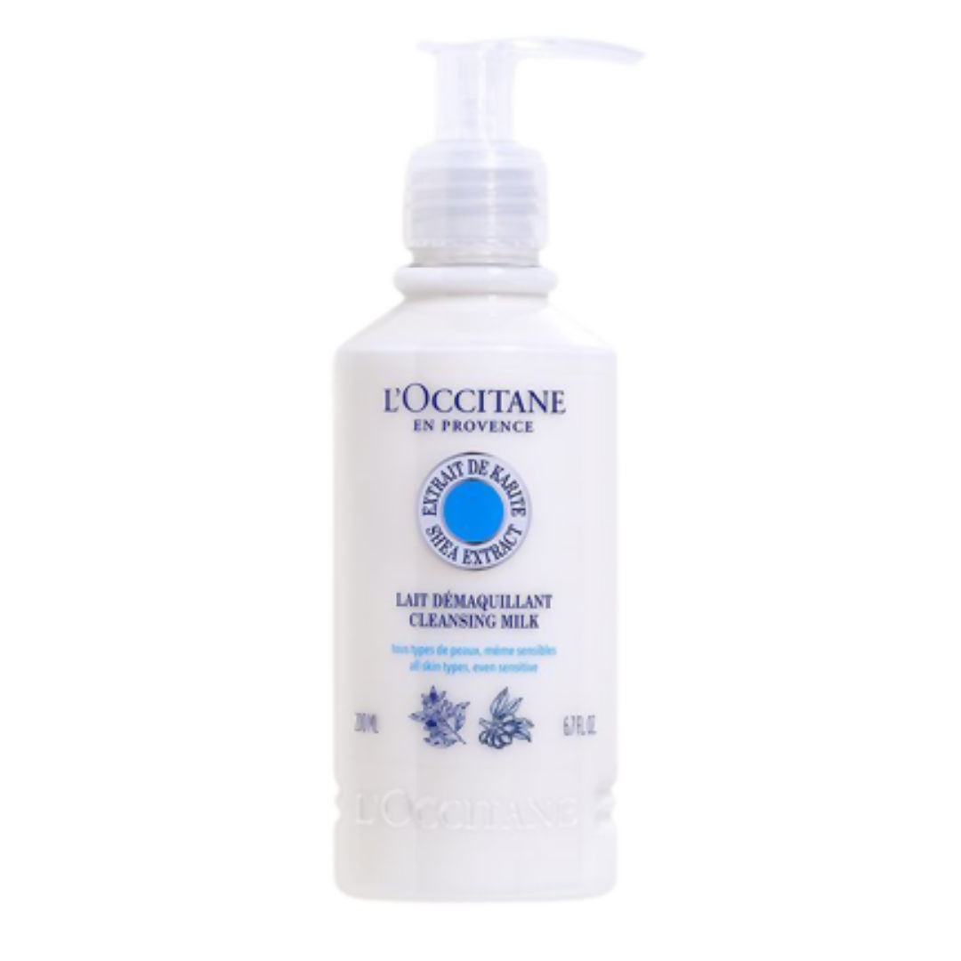 L'Occitane cleansing milk bottle on a white background