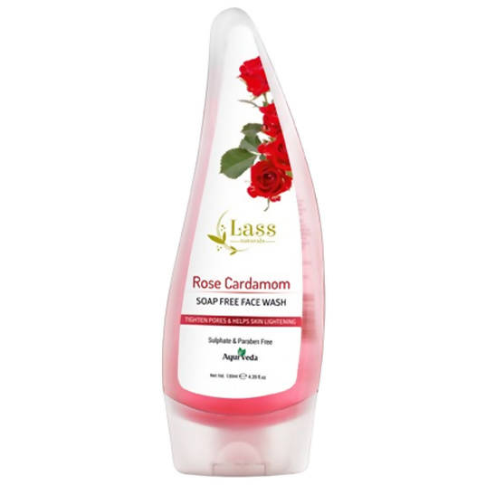 Lass Rose Cardamom Soap Free Face Wash bottle with red roses on a white background