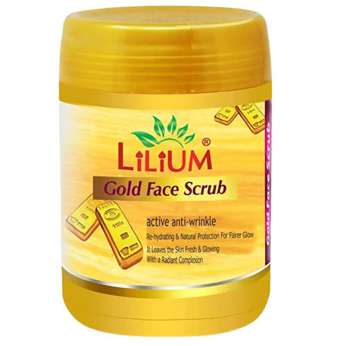 Yellow jar of Liliéum Gold Face Scrub on a white background