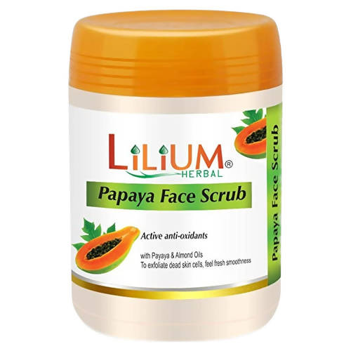 Lilium Herbal Papaya Face Scrub jar with orange lid on a white background