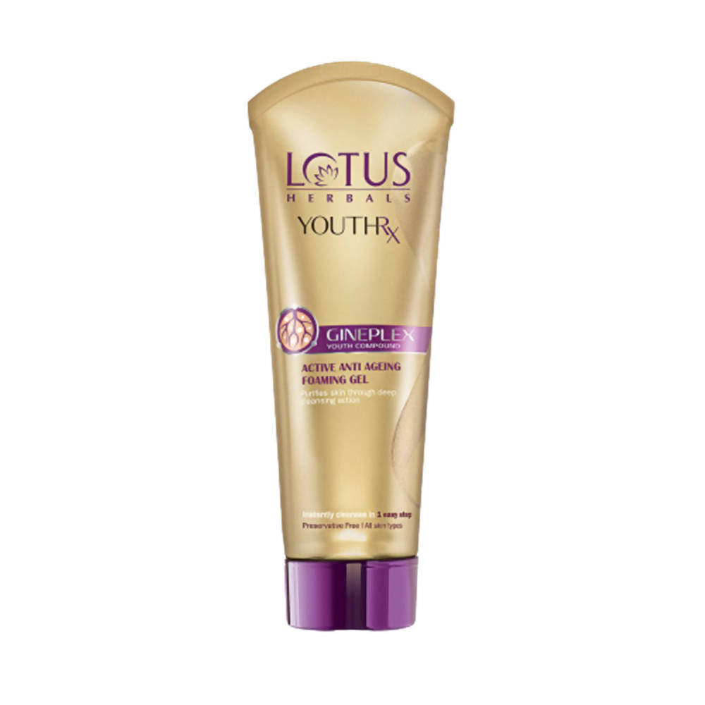 Tube of Lotus Herbals Youth Rx Gineplen Active Anti-Ageing Foaming Gel on a white background