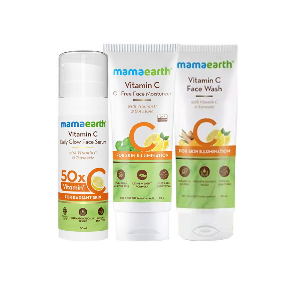 Mamaearth Vitamin C skincare products including serum, moisturizer, and face wash on a white background