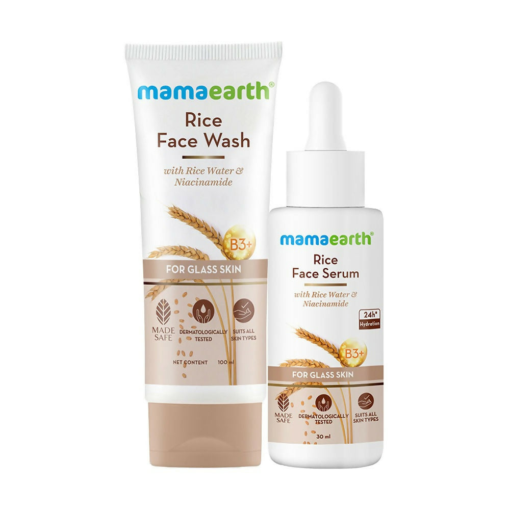 Mamaearth Rice Face Wash and Serum on a white background