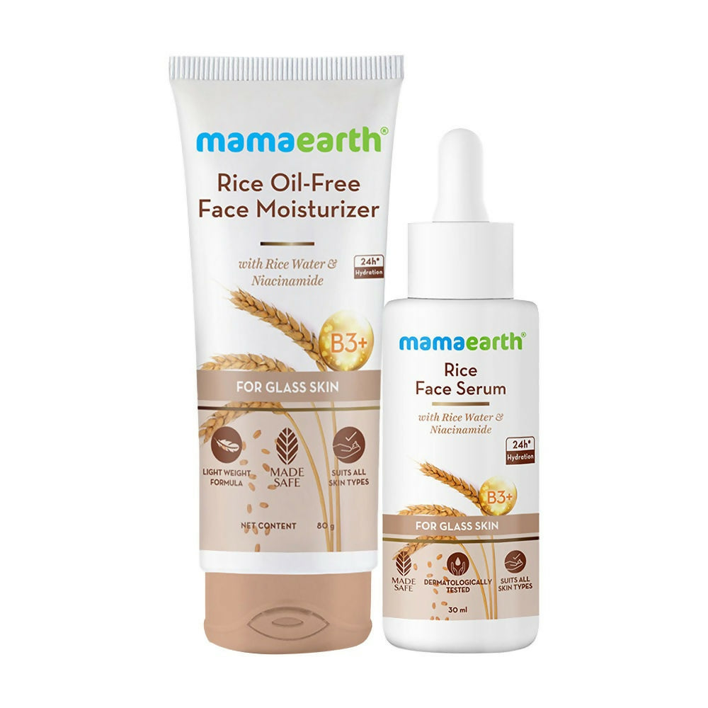 Mamaearth Rice Oil-Free Face Moisturizer and Rice Face Serum on a white background