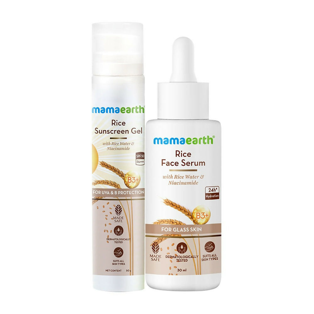 Mamaearth Rice Sunscreen Gel and Rice Face Serum on a white background