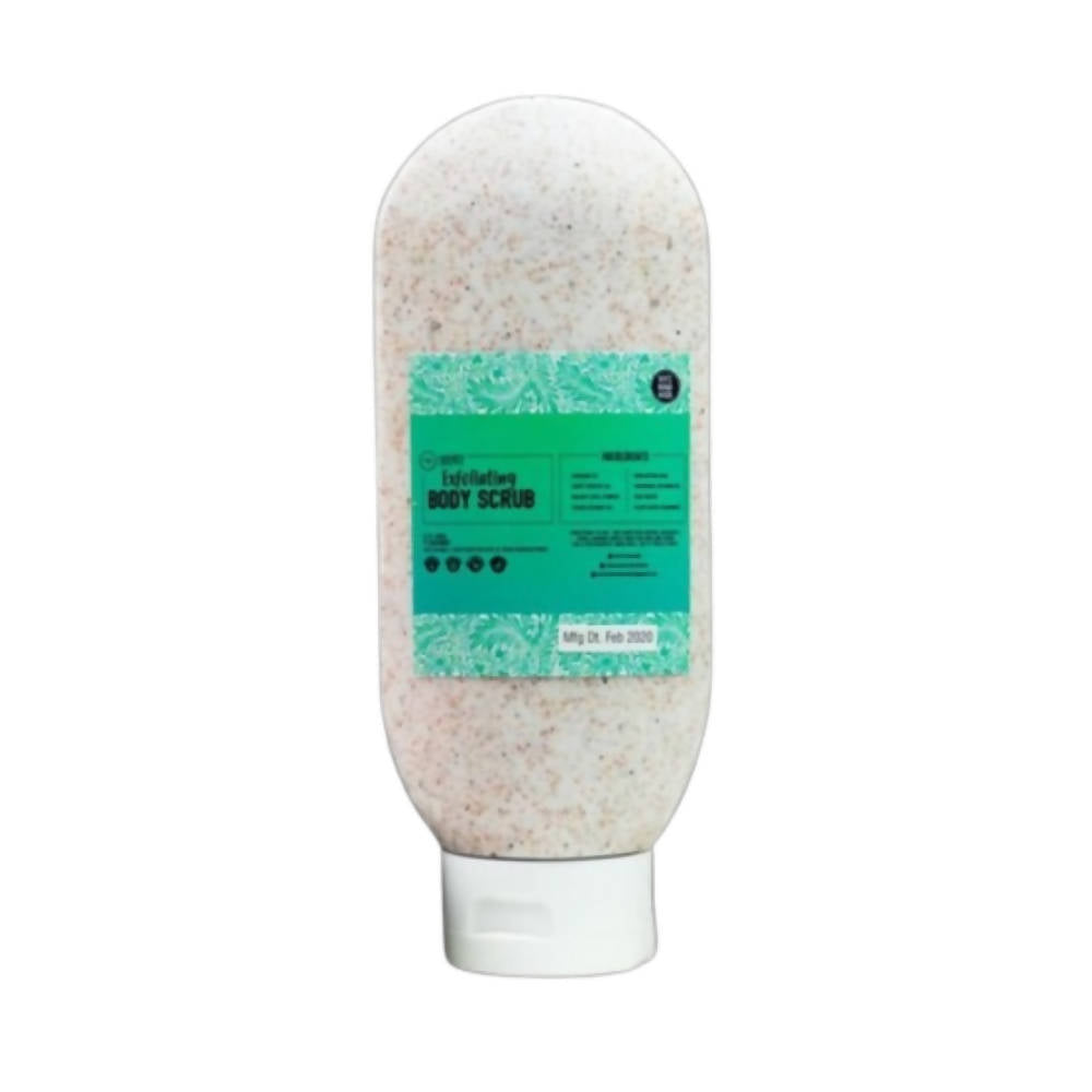 Body scrub bottle with a green label on a white background