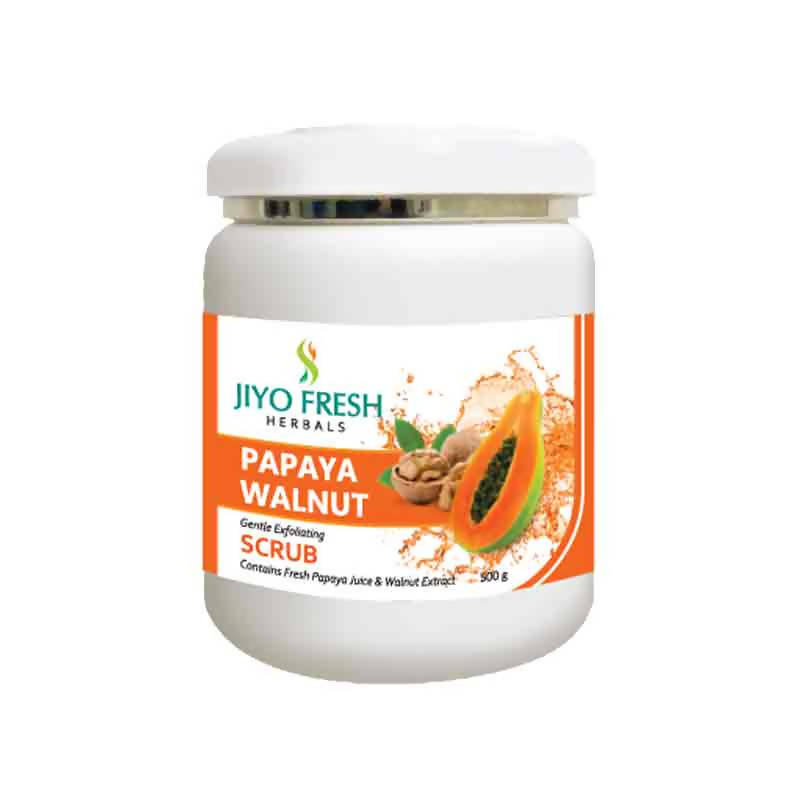 Jar of Jiyo Fresh Herbals Papaya Walnut Scrub on a white background